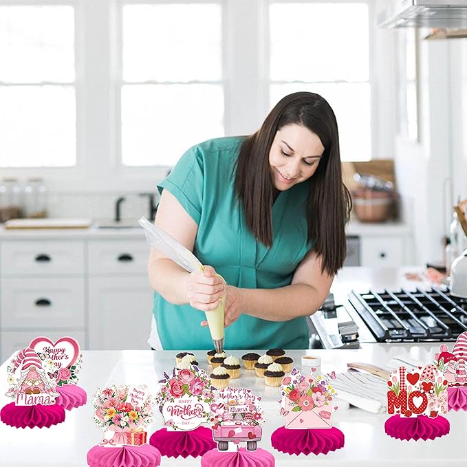 8 PCS Happy Mother's Day Decorations Happy Mother's Day Honeycomb Centerpieces Heart Floral Best Mom Table Centerpiece Love Mom Table Decorations for Mama Women Birthday Party Centerpieces Supplies