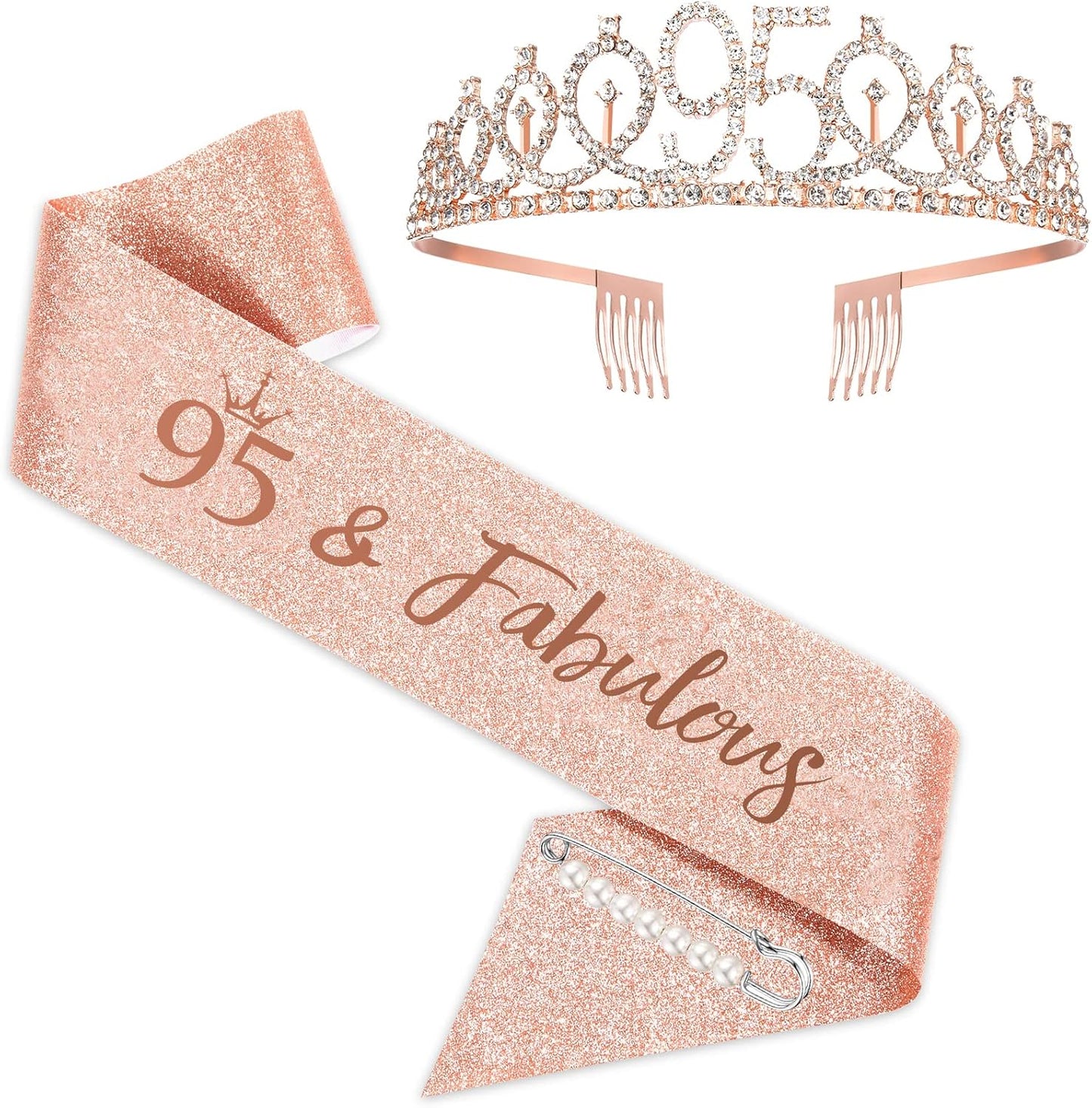 BRT Bearingshui Rose Gold Birthday Sash and Tiara for Woman, 95th Birthday Sash and Crown for Woman, 95 & Fabulous, Birthday Gifts for Happy 95th Birthday Party Favor Supplies