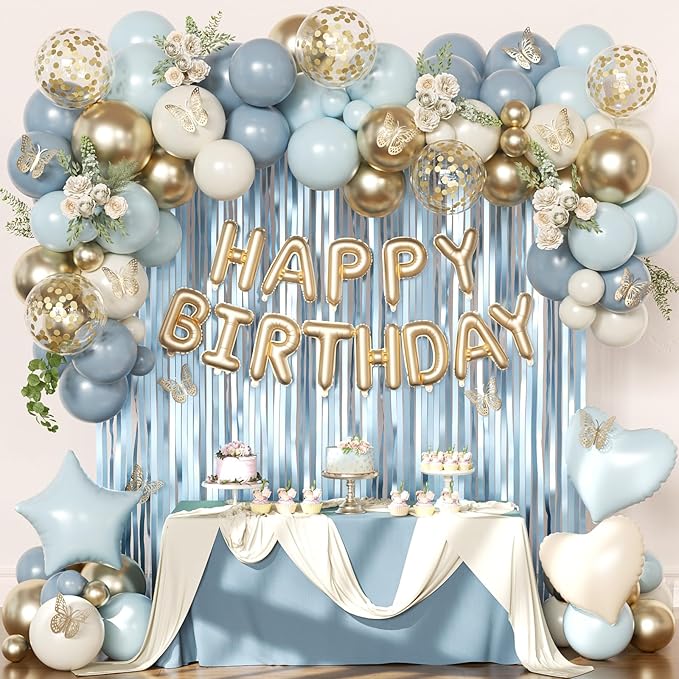 Blue Birthday Decorations, Dusty Light blue Sand White Gold Confetti Foil Balloons Happy Birthday Banner Gold Butterfly Fringe Curtains, Dusty Blue Birthday Decorations for Girls Women