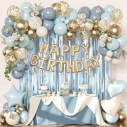 Blue Birthday Decorations, Dusty Light blue Sand White Gold Confetti Foil Balloons Happy Birthday Banner Gold Butterfly Fringe Curtains, Dusty Blue Birthday Decorations for Girls Women