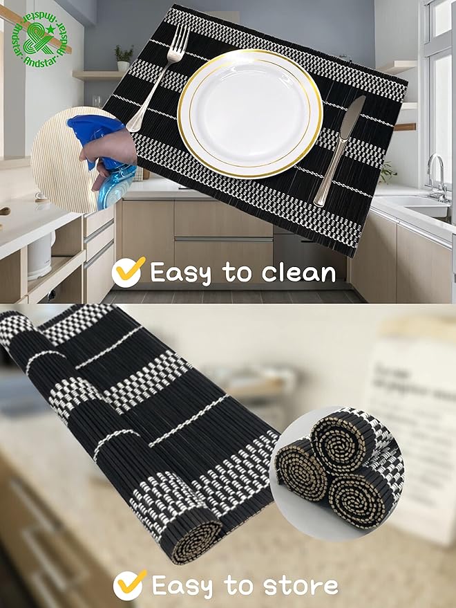 ANDSTAR Set of 8 Pcs Bamboo Placemats Natural Anti-Slip Bamboo Placemats Washable Heat-Resistant Table Mats for Dining Room and Kitchen （Black+White）