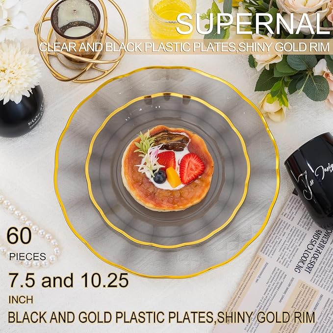 supernal 60Pcs Black and Gold Plastic Plates Heavy Duty Black Disposable Plates With Gold Rim,Elegant Clear Black Dinnerware For 30 Guests Perfect for Party,Birthday,Anniversary,New Year