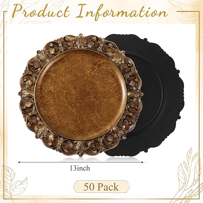 50 Pcs Antique Gold Charger Plates Bulk 13 Inch Embossed Rim Plastic Round Decorative Vintage Plates Charger for Dinner Wedding Party Event Table Setting Decoration (Vintage)