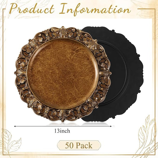 50 Pcs Antique Gold Charger Plates Bulk 13 Inch Embossed Rim Plastic Round Decorative Vintage Plates Charger for Dinner Wedding Party Event Table Setting Decoration (Vintage)