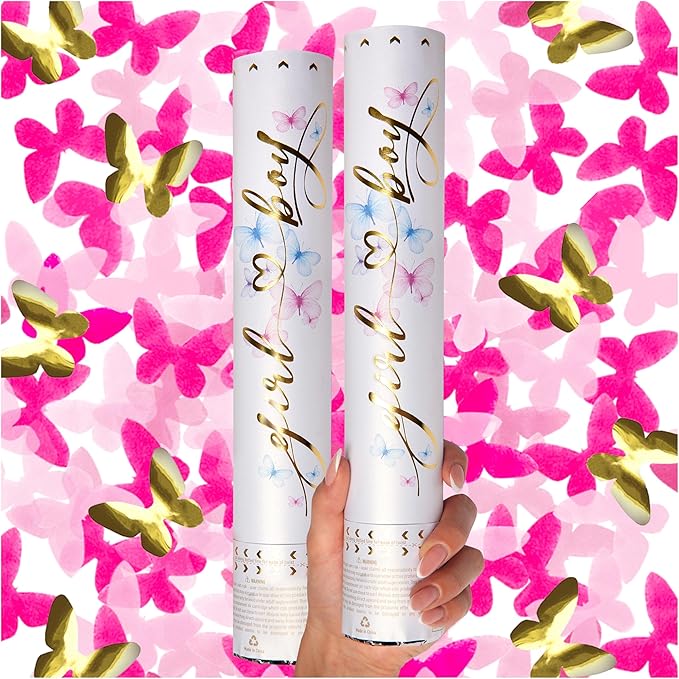 PrimePure Gender Reveal Confetti Cannon - Butterfly Shaped Confetti Poppers - Pink, 2 Pack - Baby Girl Gender Reveal Party Poppers Shooters - Pink Paper Butterflies Baby Shower Party Supplies Pop Gun
