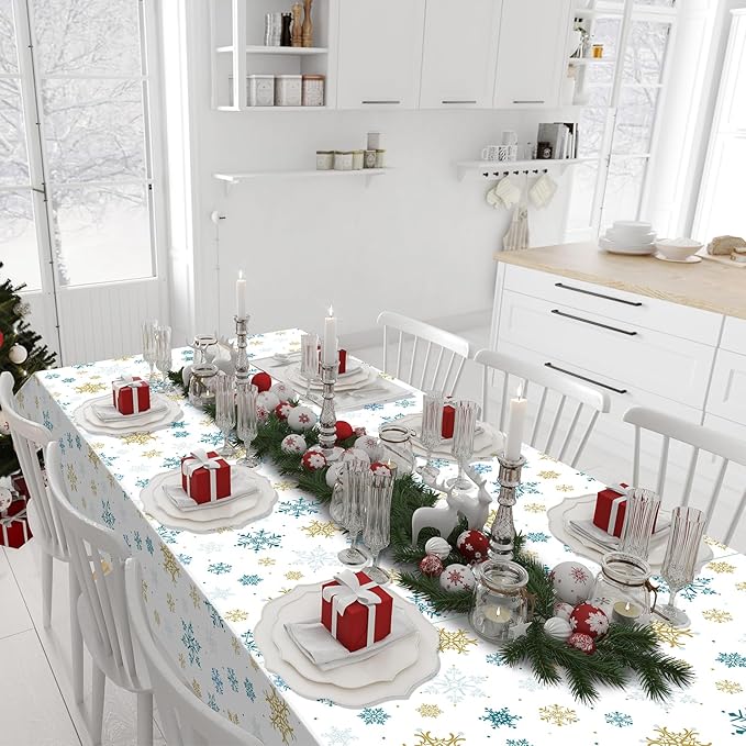 24Pcs Snowflake Plastic Tablecloth Christmas Snowflake Disposable Table Cloth White Blue and Gold Winter Wonderland Table Cover for Winter Holiday Christmas Birthday Party Decorations,54x108 Inch