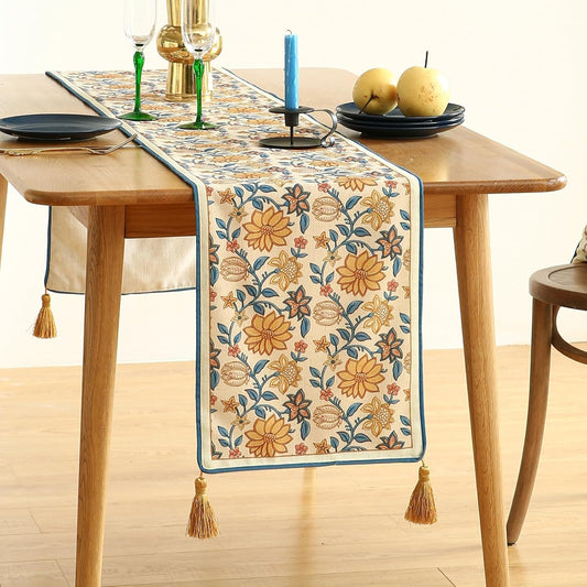 ISAENNE Designer Bohemian Elegant Linen Table Runner 102 Inches Long,Floral Pattern Duable Decor Table Runners for Dining Tables,Thanksgiving,Kitchen Tables,Christmas,12"*102"-Estevan B