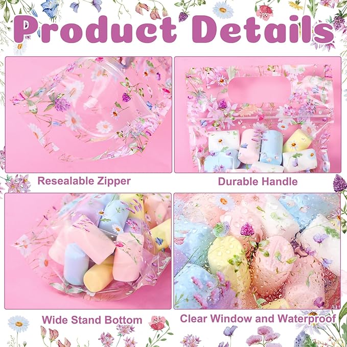 Blosssound 50 Pcs Wildflower Plastic Bags Clear Floral Baby Shower Favor Bags with Handles Flower Theme Sealed Pouches for Wedding Birthday Party Candy Guests Gift Wrapping Supplies Decor (Wildflower)