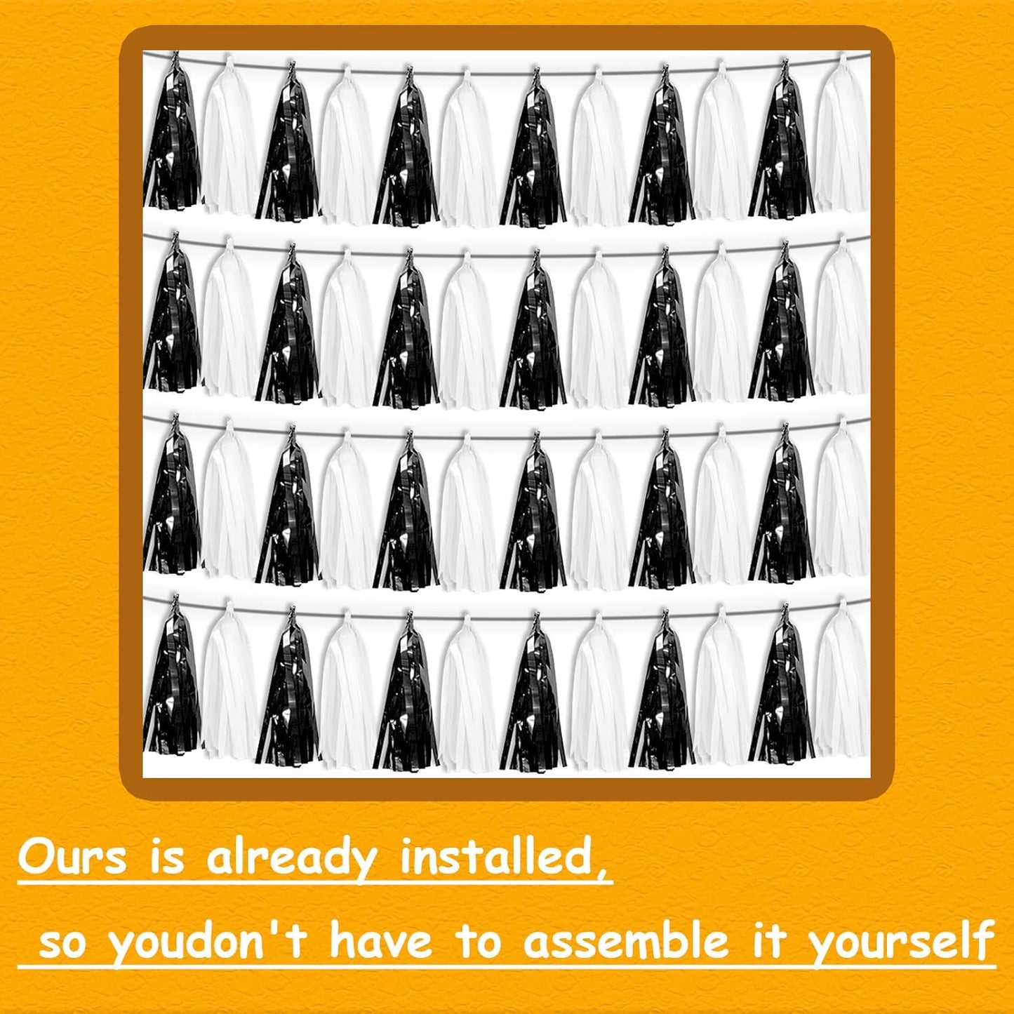 4P Black White Tassel Banner Garland Metallic Foil Fringe Banner Tinsel Tassels Streamer Banner Backdrop for Parade Floats Graduation, Halloween, Christmas, Father's Day Party Decorations