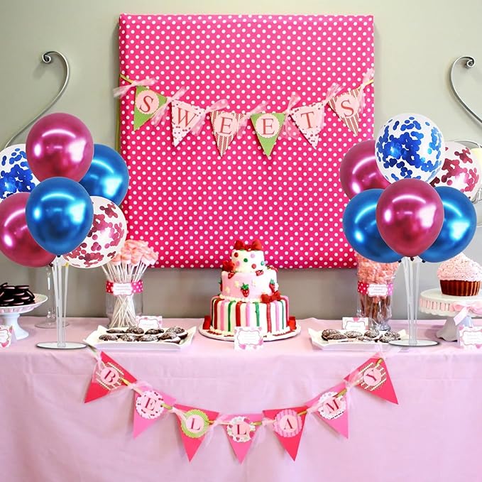 TONIFUL 4 Set Metallic Blue and Rose Red Balloon Stand Centerpiece Table Decorations for Baby Shower Wedding Engagement Bridal Shower Anniversary Mother's Day Birthday Party Decorations