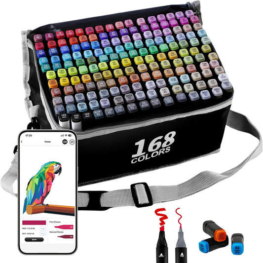 Alcohol Markers with APP, 168+2 Colors Dual Tip Art Marker for Adults Coloring Books, Alcohol Based Illustration Markers Set for Adult Artist Drawing Sketching Painting Lettering Cards