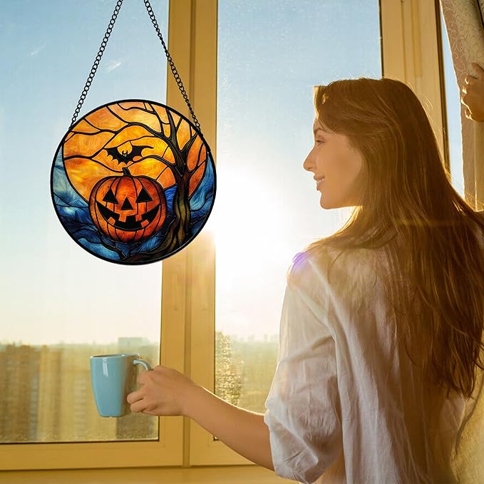 Stained Glass Window Hanging, Pumpkin Bat Moon Tree Suncatcher for Doors Home Sun Catchers Decoration and Christmas, Mother's Day Birthday Gifts for Women, Men, and Mom 6.3 in