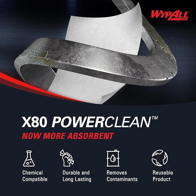 WypAll PowerClean X80 Cloths Heavy Duty Wipes (41025), Jumbo, Extended Use Towels, White (1 Roll of 475 Sheets, 475 Sheet Total)