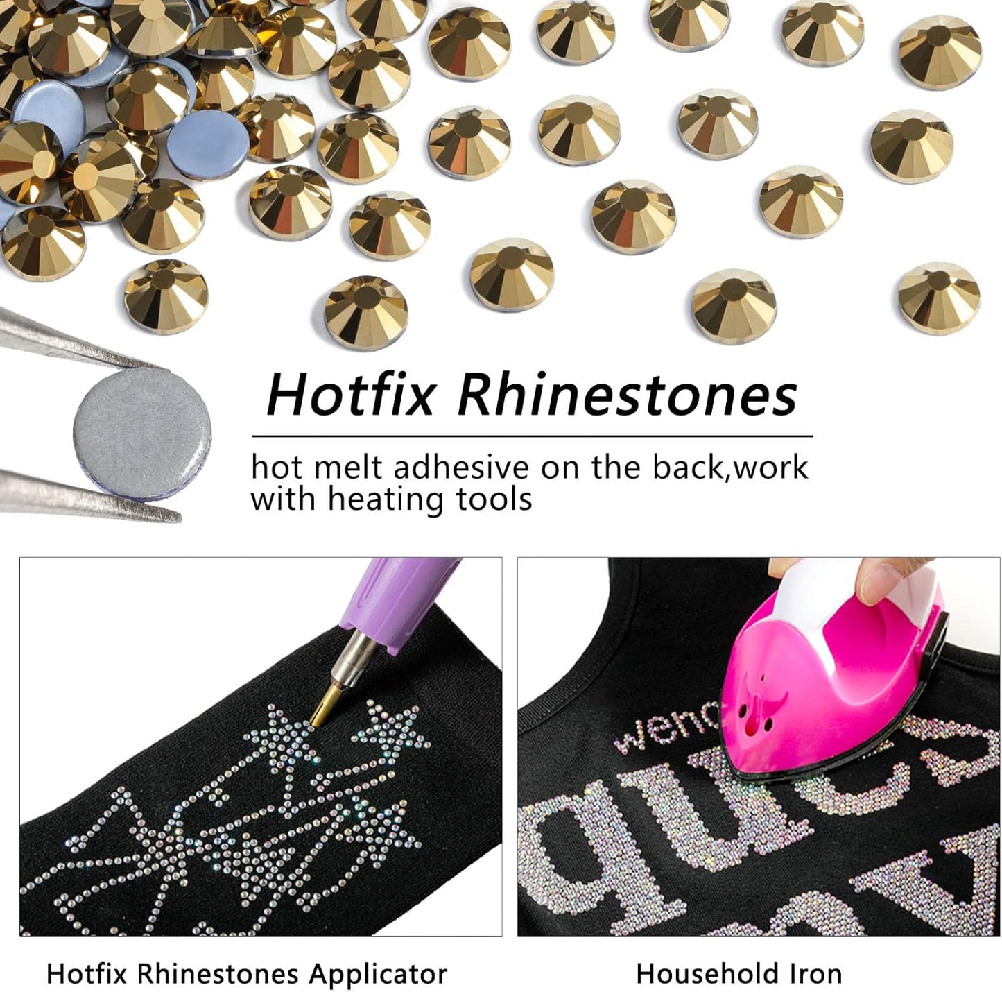 Beadsland Hotfix Rhinestones, 1440pcs Flatback Crystal Rhinestones for Crafts Clothes DIY Decorations, Aurum, SS16, 3.8-4.0mm