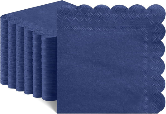 120 Pcs Navy Blue Napkins, Scalloped Blue Cocktail Napkins Disposable Beverage Dessert Napkin Patriotic Napkin for Bar Birthday Baby Shower, 5 x 5 Inch