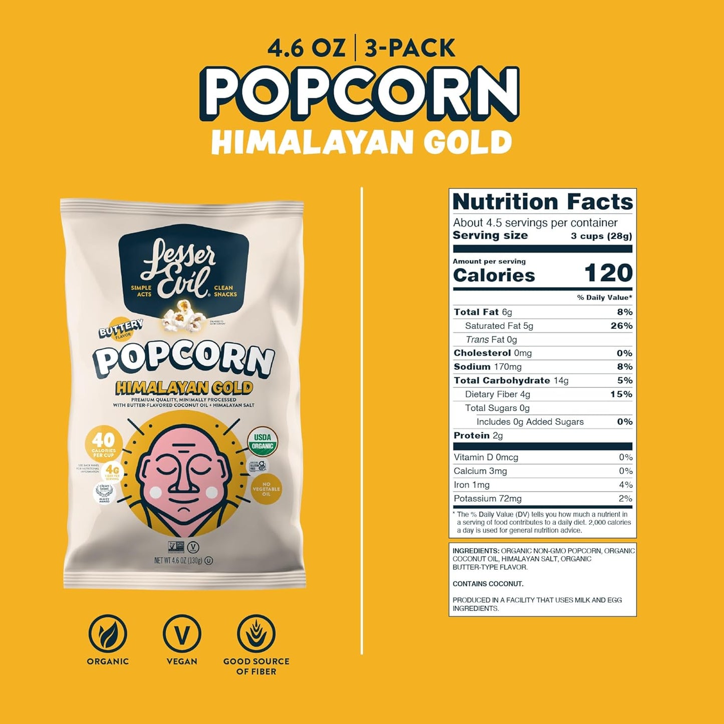 LesserEvil Himalayan Gold Organic Popcorn, Premium Quality, Minimally Processed, No Vegetable Oil, 4.6 Oz (Pack of 3)