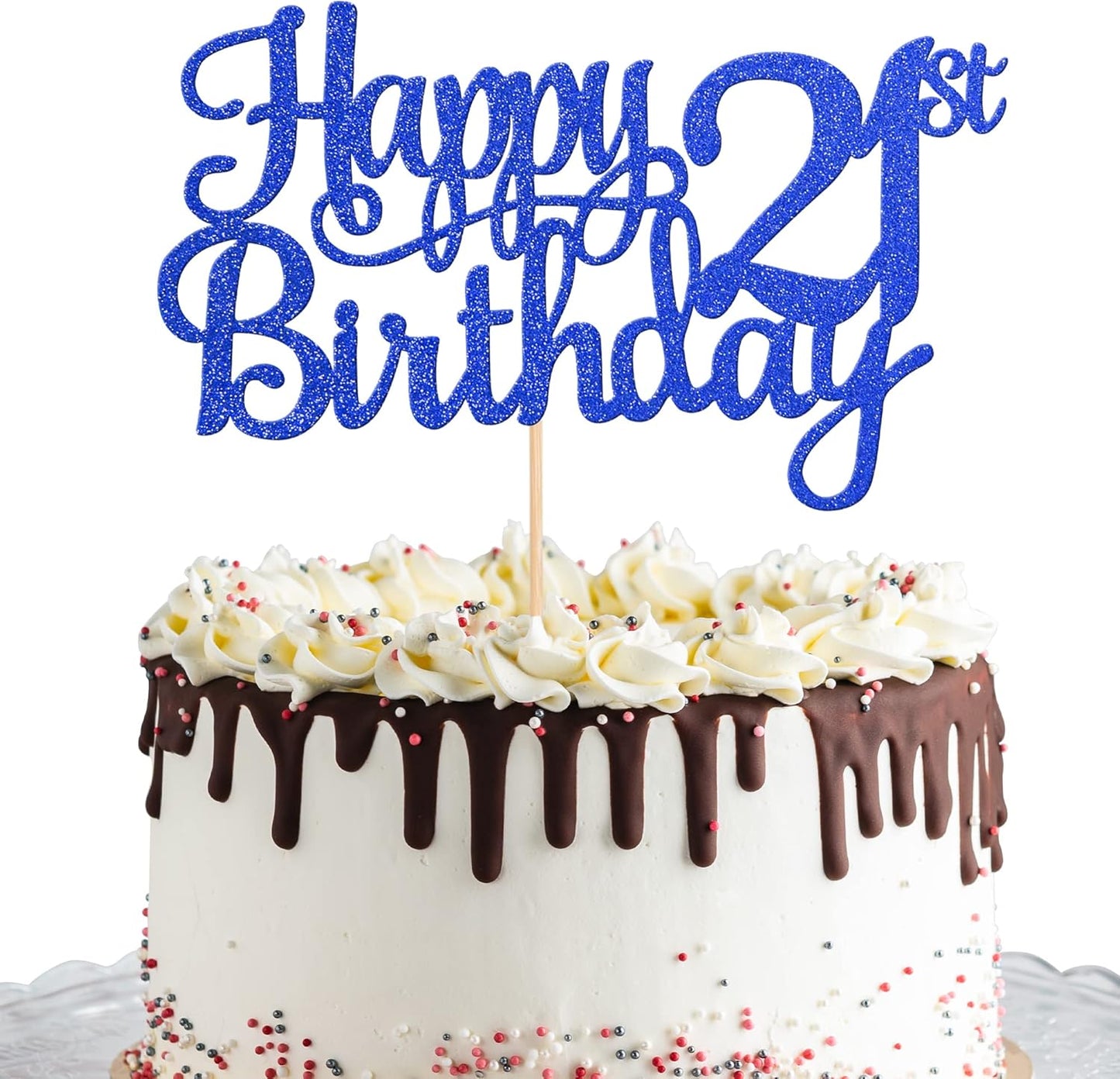 1 PCS Happy 21st Birthday Cake Topper Glitter Cheers to 21 Years Cake Pick 21 Fabulous Cake Decoration for 21st Birthday Theme Party Decorations Supplies Blue