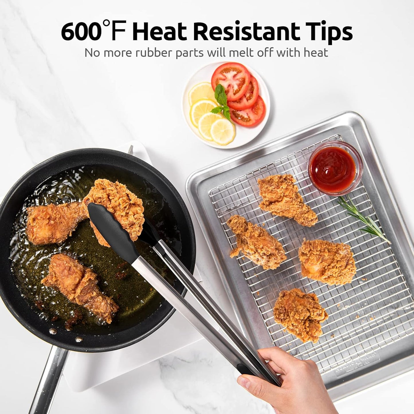 600ºF Heat Resistant Kitchen Tongs: U-Taste 16 inch Extra Long Large Silicone Cooking Tong with Sturdy Non Stick Rubber Tips & Non Slip Silicon Coated 18/8 Stainless Steel Handle for Grill BBQ (Black)
