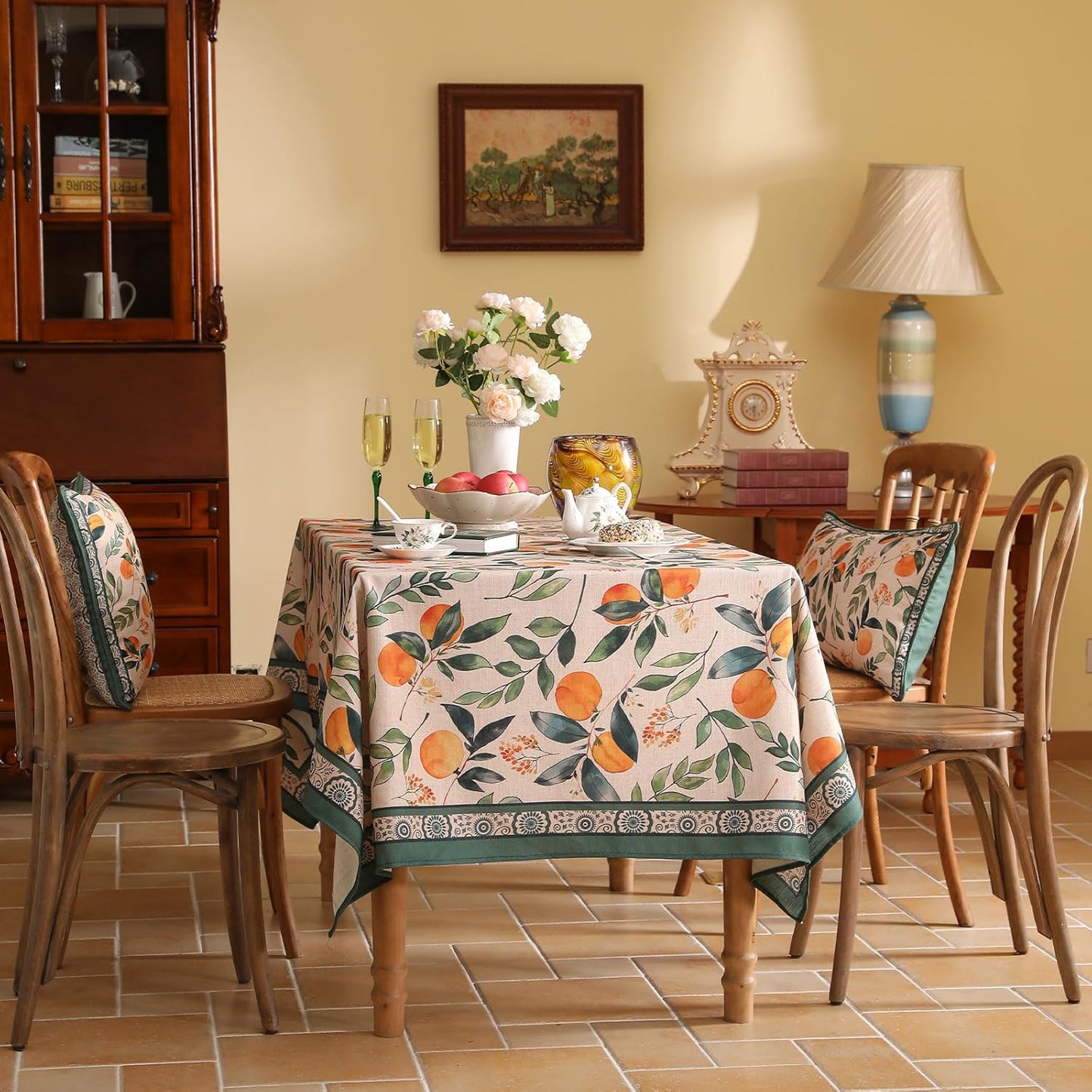 patdrea Designer Vintage Linen Rectangle Table Cloth,Framhouse Oranges and Leaves Pattern French Tablecloth,Fall Decor Cover for Kitchen Dining Christmas,Thanksgiving,55"x79"-Palladin a