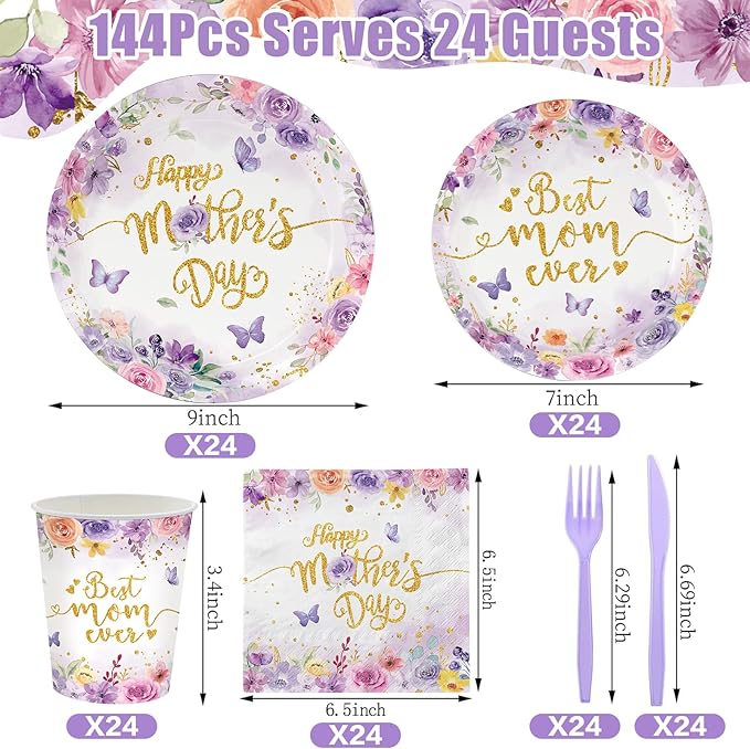 Mother's Day Party decorations 144Pcs Butterfly Floral Mother's Day Plates and Napkins Cups Serve 24 Include Best Mom Ever Plates, Napkins, Cups and Forks for Spring Birthday, Mothers Day, Tea Party