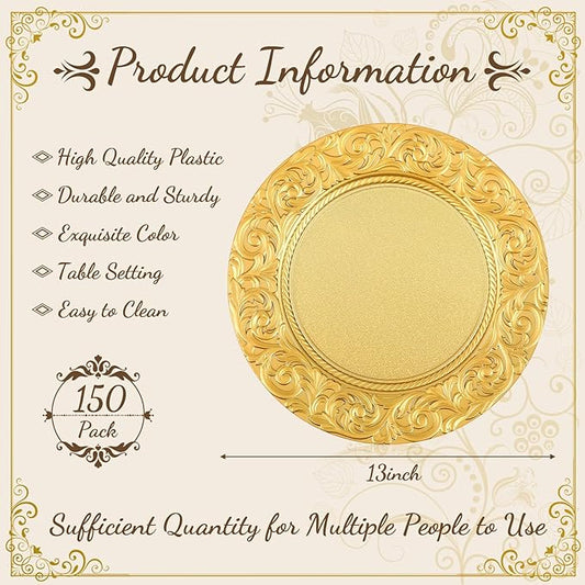 Uiifan 150 Pcs Antique Charger Plates Bulk 13'' Plastic Plate Chargers Decorative Embossed Rim Round Plates for Wedding Party Event Dinner Kitchen Table Setting Decoration (Gold)