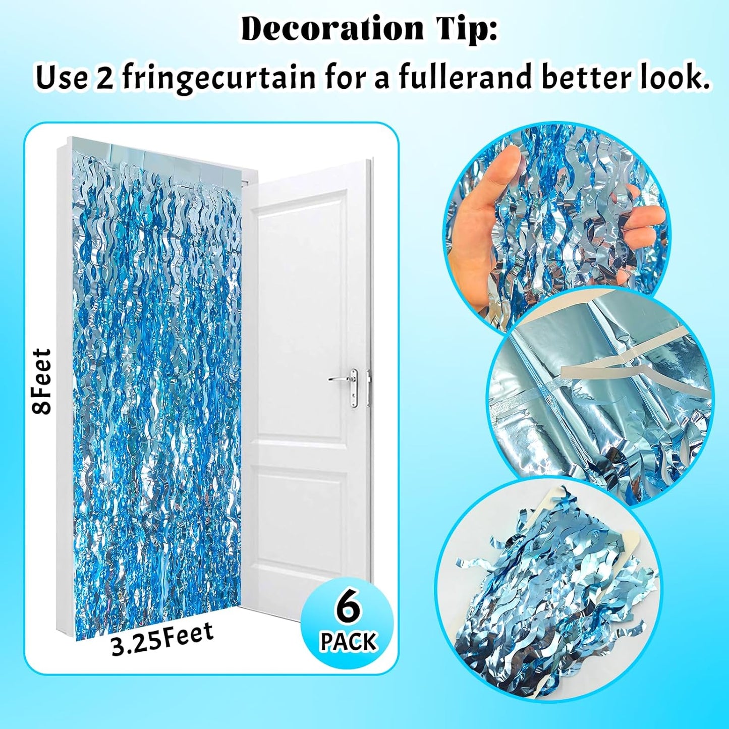 ADLKGG 6 Pack Blue Wavy Foil Fringe Curtain, Streamers Water Beach Backdrop for Ocean Backdrop | Under The Sea Party Decorations | Summer Pool Party Decorations, 3.3x6.6 Feet