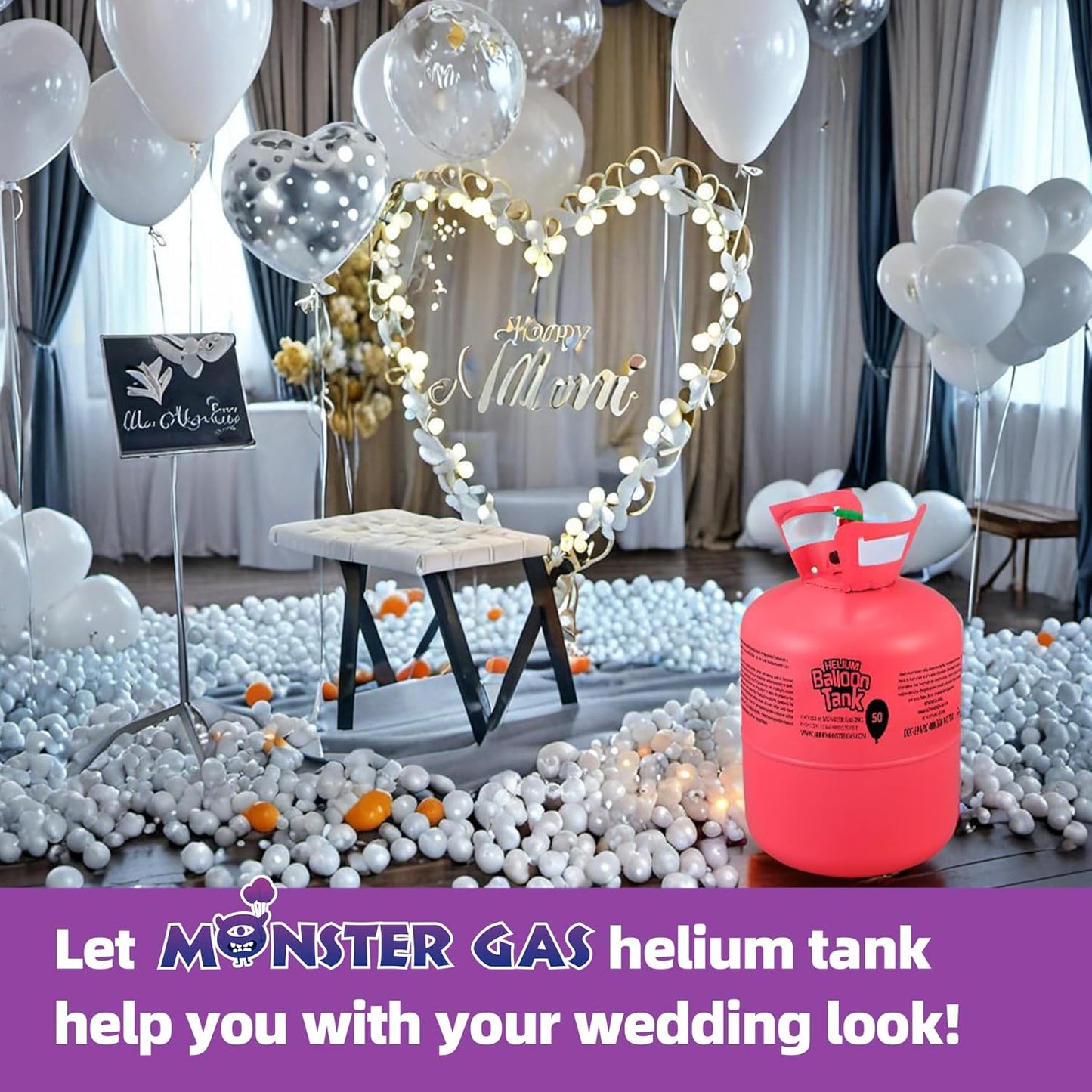 Monster Gas 13L Helium Tank For Balloons At Home, 14.9 cu.ft Balloon Helium Tank Up To 50 Latex Balloons, Small Helium Tanks