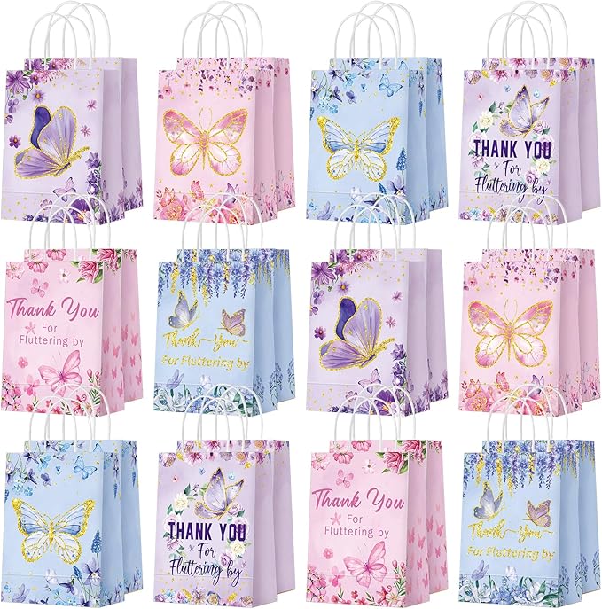 Outus 24 Pcs Butterfly Party Favors Bags Butterfly Goodie Gift Paper Bags with Handles Purple Blue Pink Spring Thank You Candy Treat Tote Pouch for Baby Shower Birthday Party Decoration Supplies