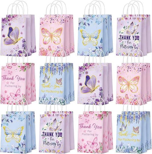 Outus 24 Pcs Butterfly Party Favors Bags Butterfly Goodie Gift Paper Bags with Handles Purple Blue Pink Spring Thank You Candy Treat Tote Pouch for Baby Shower Birthday Party Decoration Supplies