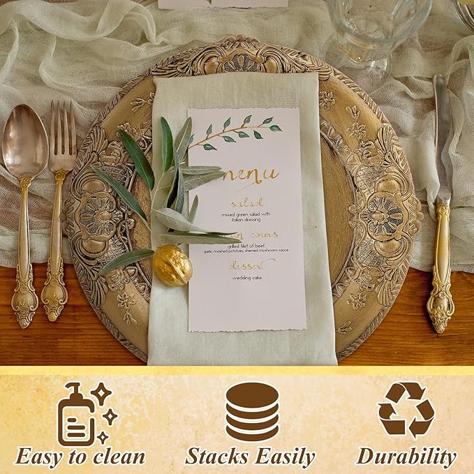 Mifoci Antique Gold Charger Plates Set of 12 Plastic Gold Chargers for Dinner Plates Decorative 13" Round Plate Bulk with Embossed Rim for Dinner, Party, Wedding