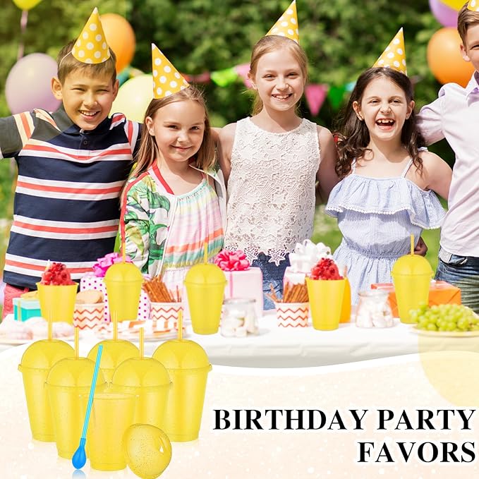 6 Set Slushie Cups with Dome Lids and Straws Detachable Spoon Straws Reusable Plastic Iced Coffee Cups Smoothie Tumbler for Birthdays Summer Party Supplies(Yellow,16 oz)