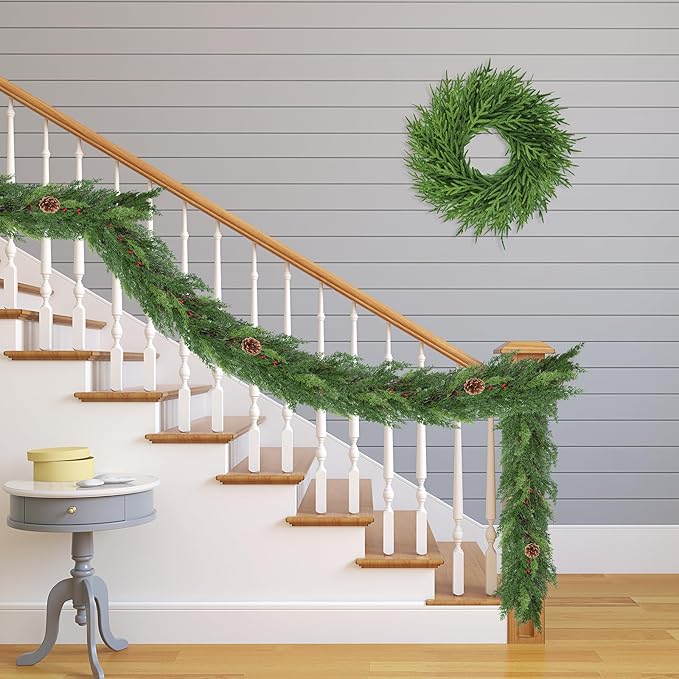1 Pack 6FT Real Touch Christmas Garland with Pine Cone Artificial Realistic Faux Green Cedar Pine Garland,Thick and Lush, Lifelike Cedar Garland for Fireplace Indoor Outdoor Holiday Party Decoration