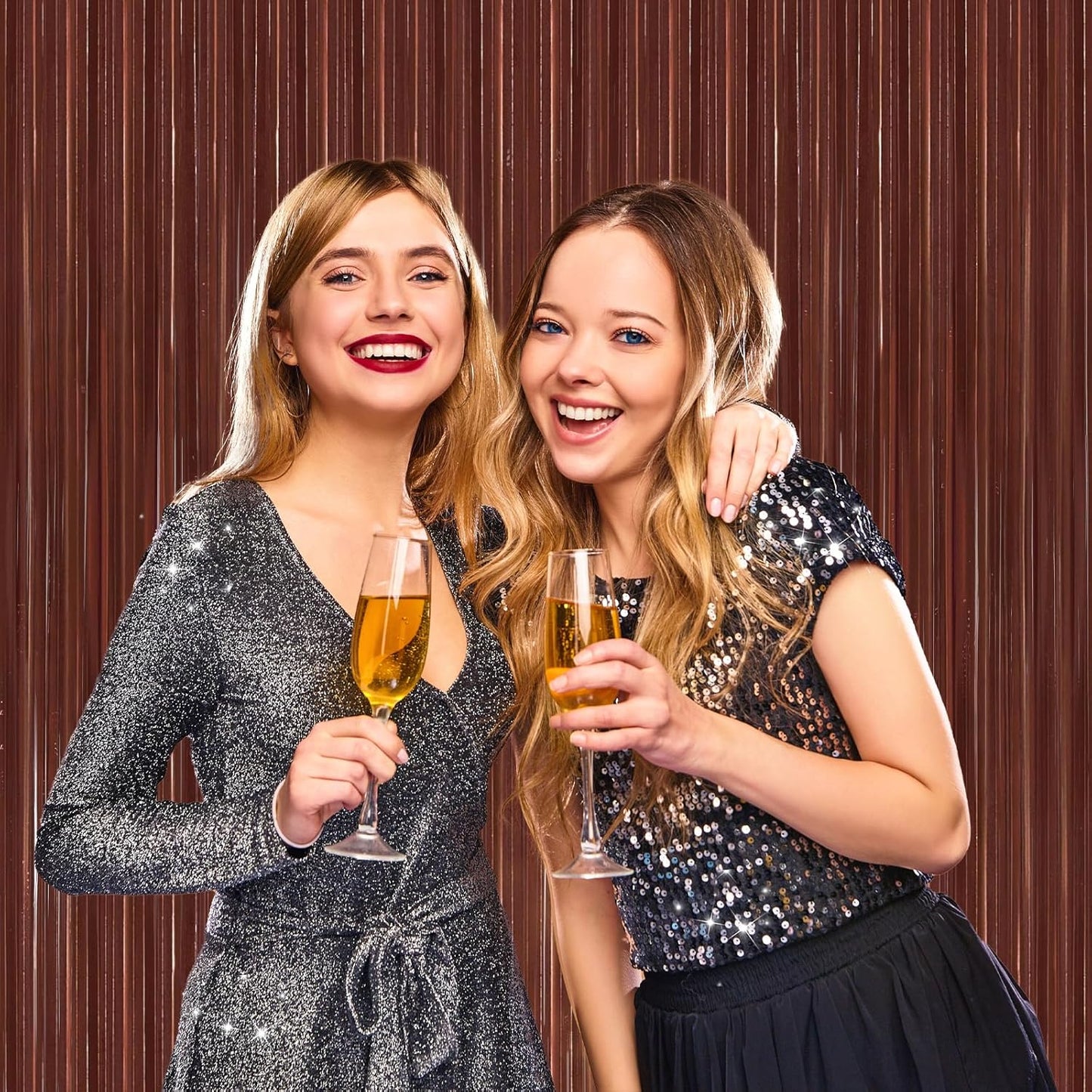 2 Pack Coffee Brown Metallic Tinsel Foil Fringe Curtains, Door Streamers Photo Booth Backdrop for Birthday Party, Tinsel Curtain Backdrop for Baby Shower Bachelorette Christmas Party Decorations