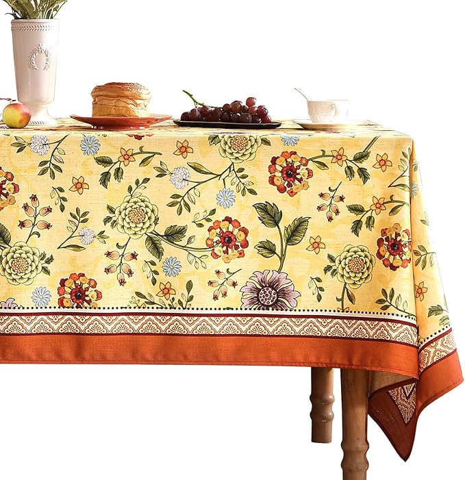 Vintage Linen Tablecloth for Rectangle Table,Yellow Floral French Wrinkle Free Long Tablecloths,Decorative Table Cover for Kitchen,Dining,Thanksgiving,Farmhouse,63" × 102"-Bellano