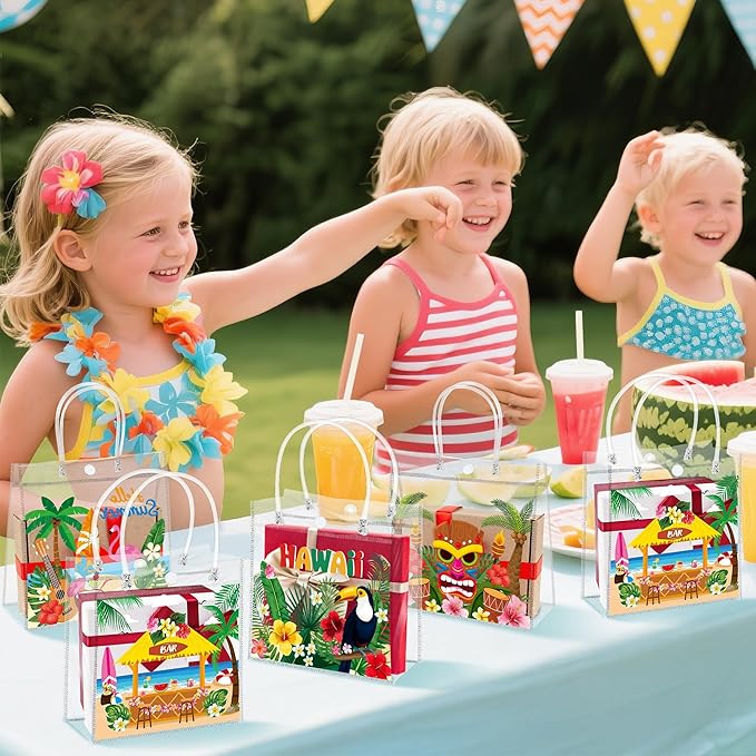 H1vojoxo Summer Hawaiian Gift Bags - 24PCS Hello Summer Clear Gift Bags with Handle 7.9 x 3.2 x 7.9 Inch Reusable PVC Plastic Transparent Waterproof Tote Bag for Hawaiian Party Birthday Party Supplies