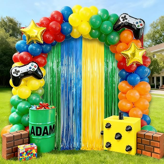 4 Packs Blue Red Green Yellow Foil Fringe Curtain, Blue Red Green Yellow Glitter Metallic Tinsel Backdrop for Birthday, Baby Shower, Video Game Theme Party Decorations Supplies