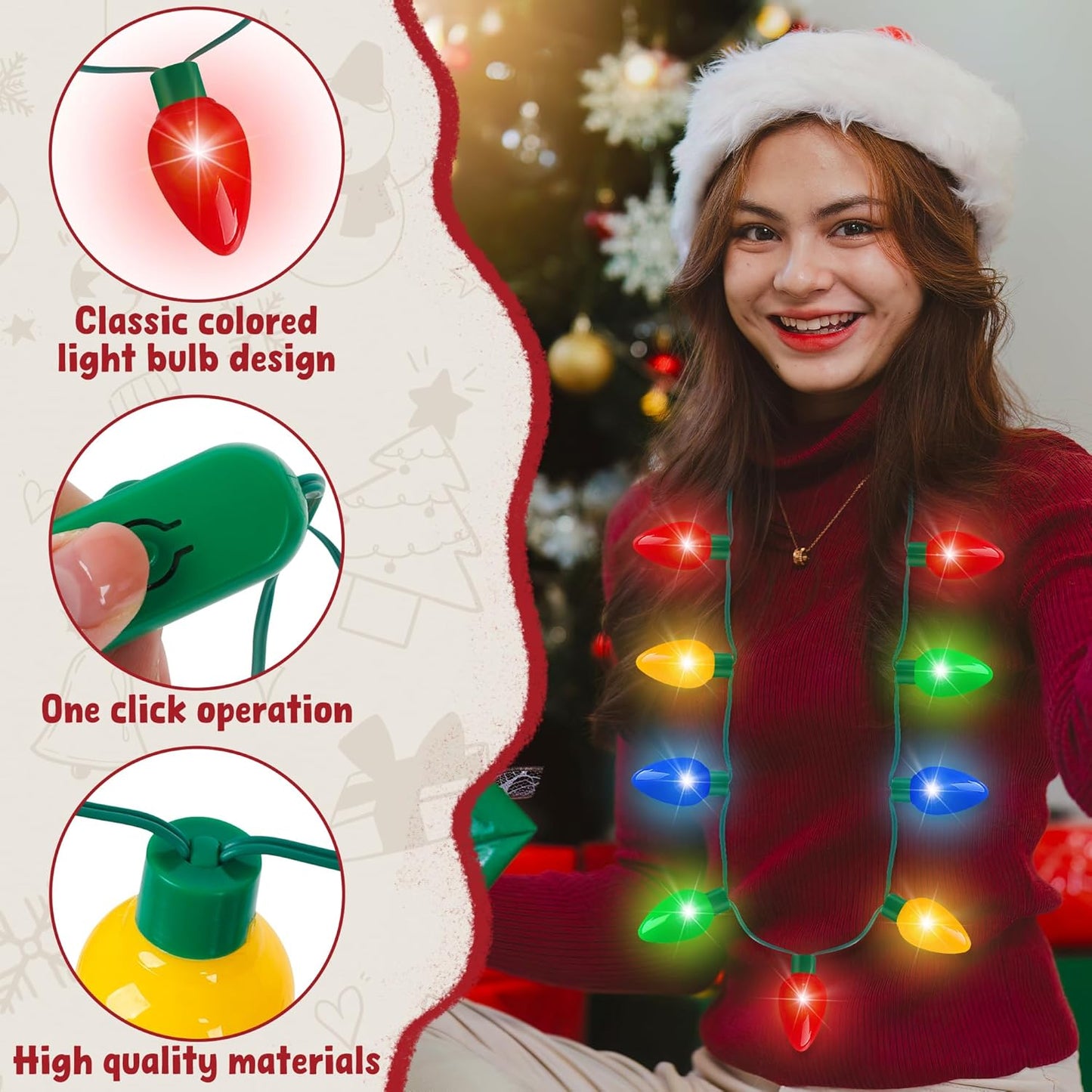 Blowata 24PCS Light up Christmas Necklace, 3 Glow Modes Christmas Party Favors, Ugly Sweater Lights Necklaces with 9 Bulbs, Xmas Accessories for New Year Decorations Party Holiday Gathering Decor