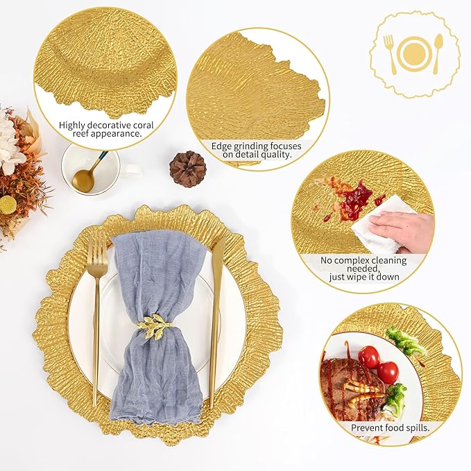 Pesonlook 24Pcs Bright Gold Charger Plates Round 13inch, Reef Plate Chargers for Dinner, Bulk Plastic Floral Table Charger Plates for Dinner Wedding Party Event Table Setting Decoration(Bright Gold)