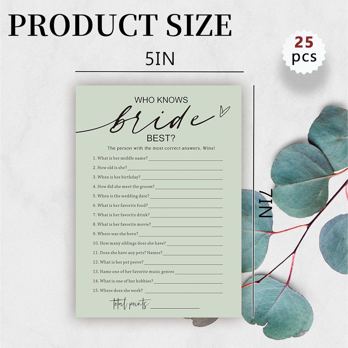 Bridal Shower Games, Who Knows The Bride Best, 25Pcs Minimalist Sage Green Bridal Game Cards, Wedding Shower Games for Guests, Engagement Bachelorette Party Supplies