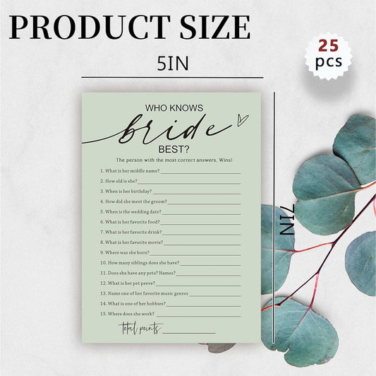 Bridal Shower Games, Who Knows The Bride Best, 25Pcs Minimalist Sage Green Bridal Game Cards, Wedding Shower Games for Guests, Engagement Bachelorette Party Supplies