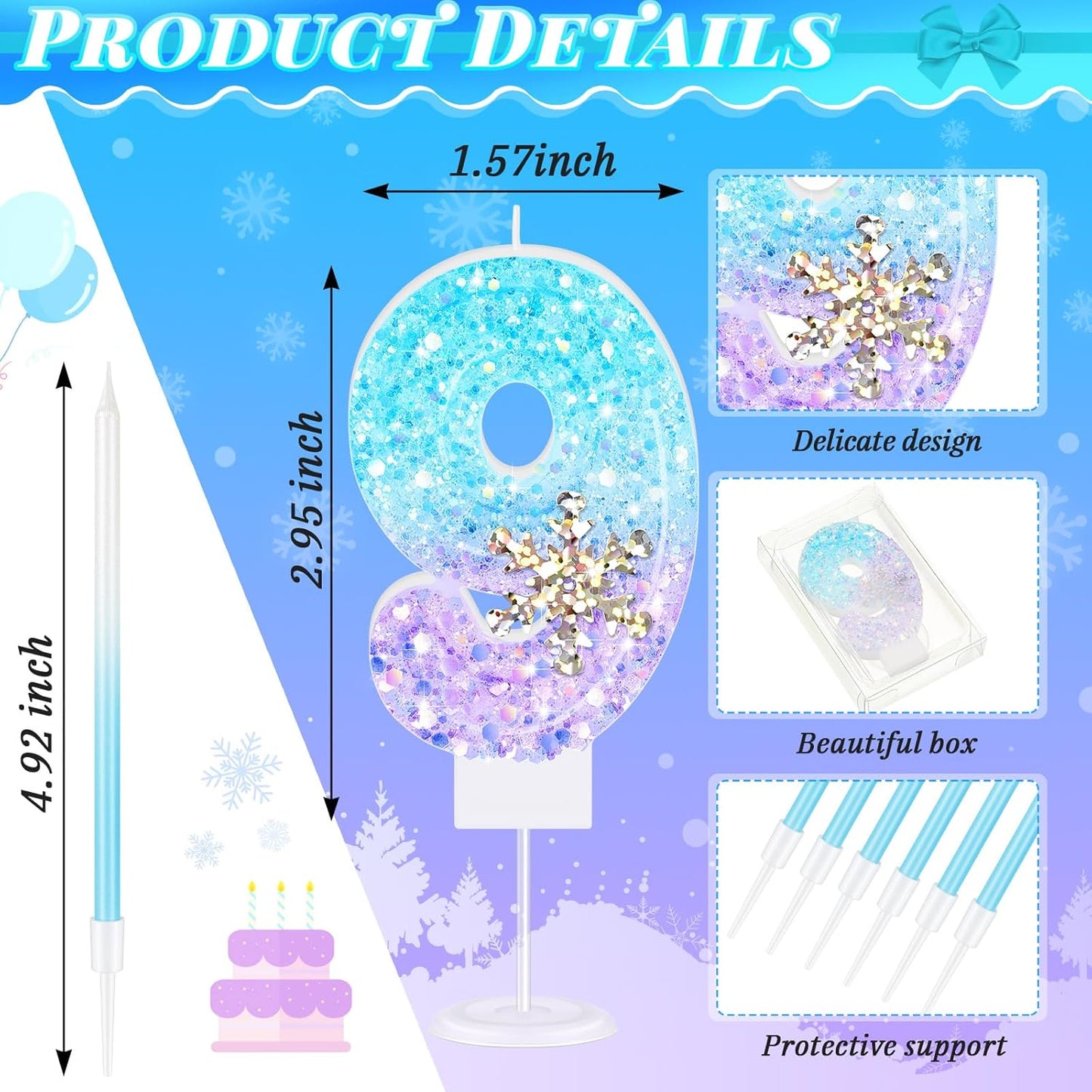 MTLEE Number 9 Birthday Candle Blue Snowflake with 6 Long Thin Cupcake Candles Blue Sparklers Glitter Number Happy Birthday Cake Topper Decorations for Winter Party Supplies