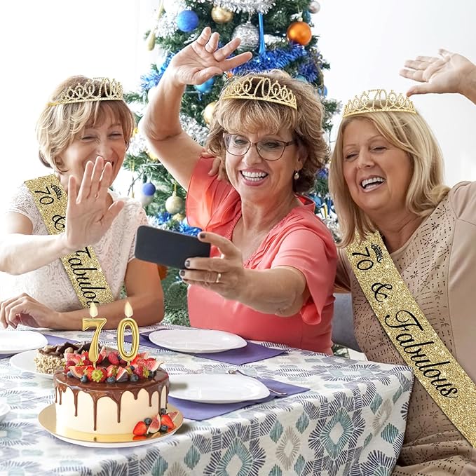 70th Birthday Decorations for Women Gold with Sash and Tiara, Gold Number Candles, 70th Birthday Gifts for Women