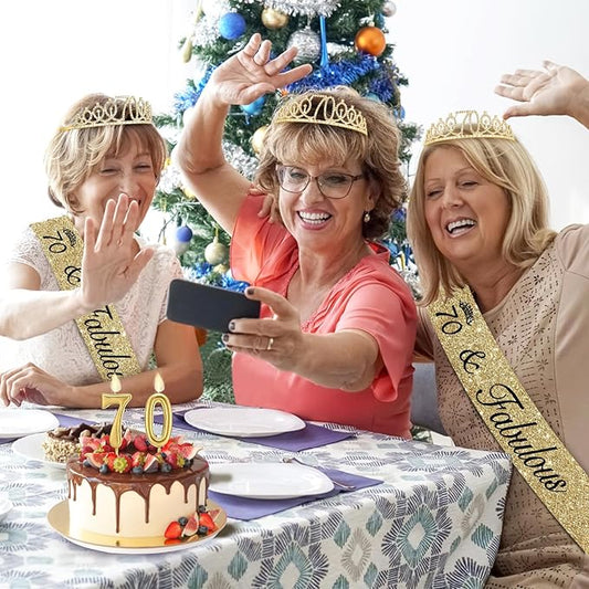 70th Birthday Decorations for Women Gold with Sash and Tiara, Gold Number Candles, 70th Birthday Gifts for Women