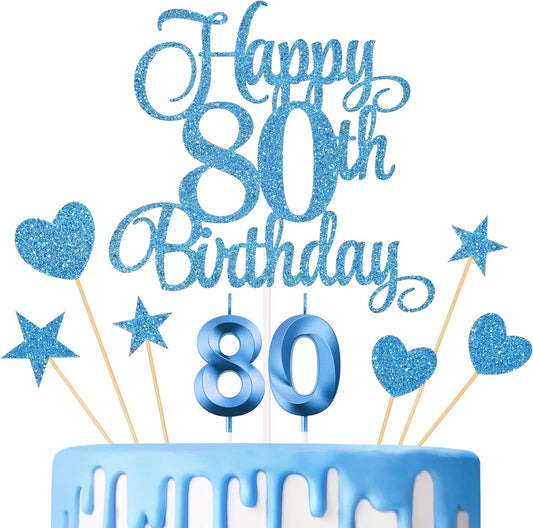 80th Birthday Cake Decorations, 80th Birthday Candles Cake Numeral Candles and Glitter Happy 80th Birthday Cake Toppers Set for Birthday Party Supplies (Blue)