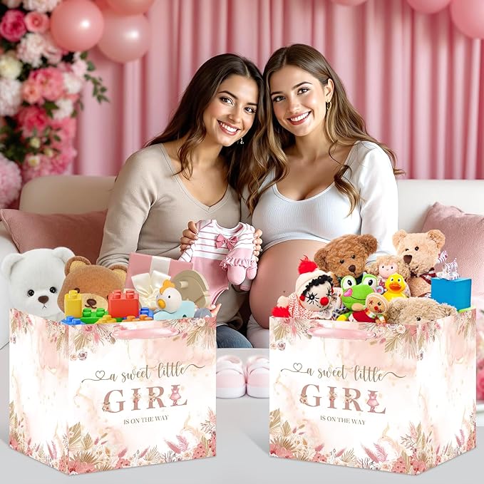 Large Boho Baby Girl Gift Bag, Baby Shower Square Gift Bag Pink Floral Jumbo Gifts Bag with Tissue Paper A Sweet Little Girl is on The Way Wrapping Paper Bag for Baby Shower Gender Reveal Party Favors