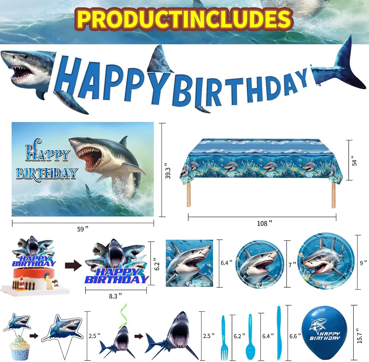 Shark Birthday Party Supplies, Shark Theme Style Party Include Happy Birthday Banner, Backdrop, Tableware Set, Tablecloth, Hanging Swirls, Cake Toppers, Cupcake Toppers, Latex Balloons(A)