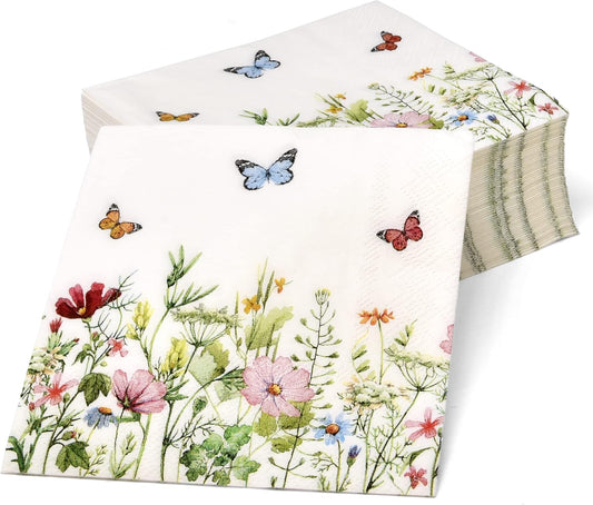 Gift Boutique 100 Pcs Floral Wildflower Cocktail Beverage Napkins Disposable Paper Butterfly Wild Flower Dessert Napkin for Tableware Party Supplies