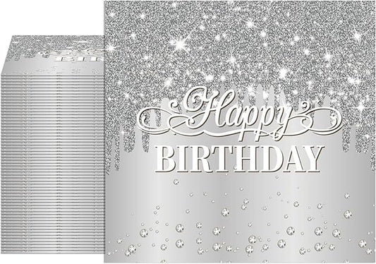 40PCS Silver Happy Birthday Napkins Silver Theme Party Decorations Disposable Cocktail Napkins for lunch,Dinner,Birthdays, Weddings, Baby Showers Party Decoration Supplies
