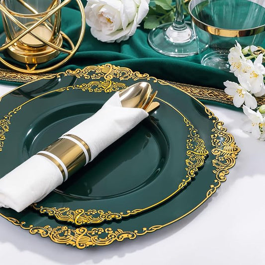 Nervure 175PCS Green Plastic Plates - Disposable Green Gold Party Plates & Pre Rolled Napkins with Cutlery for 25 Guests, 50Plates, 75Silverware, 25Cups, 25Napkin for Wedding & Party & St Patricks Day