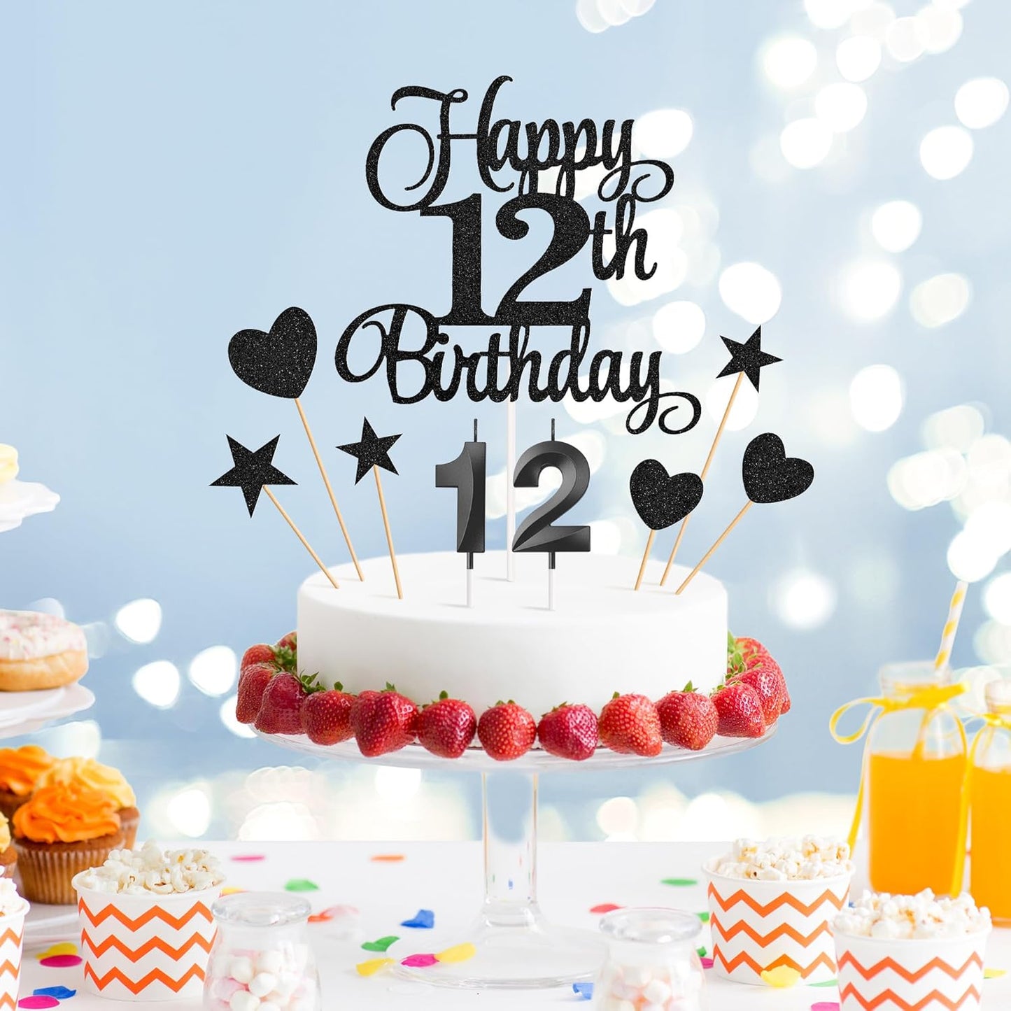 12th Birthday Cake Decorations, 12th Birthday Candles Cake Numeral Candles and Glitter Happy 12th Birthday Cake Toppers Set for Birthday Party Supplies (Black)